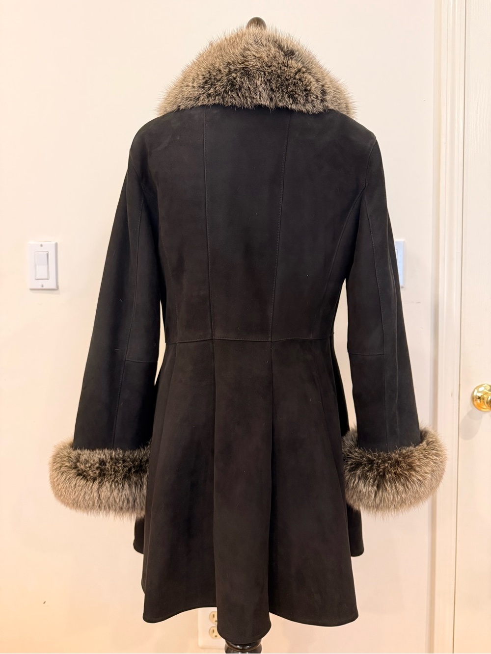 Black Lamb Shearling Coat with Fox Fur Trim - Picture 3 of 10